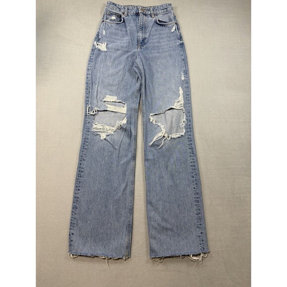 Zara Denim - Zara Distressed Wide Leg Jeans Raw Hem Ripped Knee Blue Sz USA 4 EUR 36